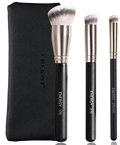 ENERGY Makeup Brush Set Professional 3pcs Foundation Concealer Detail Brushes Soft Synthetic Bristles Vegan Face Makeup Brushes for Liquid Cream Powder Flawless Blending Buffing with Travel Case