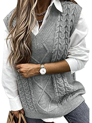 Niwicee Sweater Vest Knitted Sleeveless Jumpers Tank Top Streetwear Knitwear Plaid Pullovers Sweatshirts Oversized V Neck Cable Knit Vintage Retro Stylish Spring Autumn Winter Chunky Women(Grey,XL)