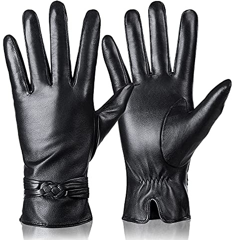 QNLYCZY Womens Genuine Leather Gloves Winter Warm Cashmere Lining Touchscreen Texting Driving Motorcycle Dress Gloves Black, M