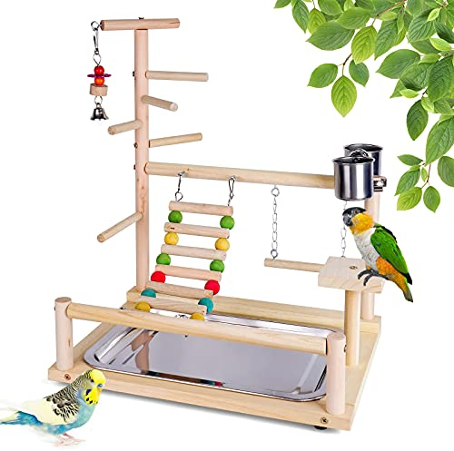 RoseFlower Vogelspielplatz Papageien Spielplatz, Naturholz Vogel Spielständer mit Feeder Cups Leiter, Kauspielzeug, Haustier Übungsspiel Sitzstange Vogelzubehör für Papageien Nymphensittiche Vogel#3