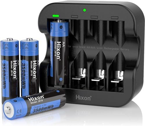 Hixon AA rechargeable batteries with charger,1.5V Constant Output,1500 Cycles Rechargeable Lithium AA Batteries for Home&Office Use