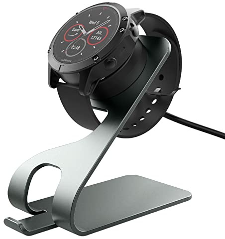MoKo Ladestation Kompatibel mit Fenix 7/7S/7X/6/6S/6X/5/5S/5X/Vivoactive 3/4/4S/Forerunner 245/745/945/Venu 2/2 Plus/2S/Instinct, Aluminium Ladegerät Ladeständer mit 150cm USB Ladekabel, Grau