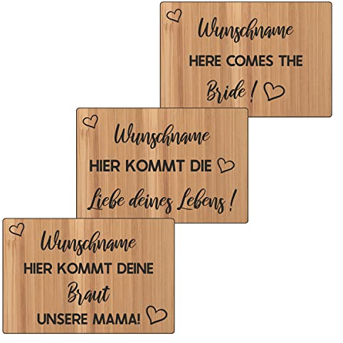 Schild für die Hochzeit, Vintage Schild aus Holz für die Trauung, Hier kommt die Braut personalisiert, Hochzeitsdeko für die Hochzeit, Trauung in der Kirche, Holzschild aus Edelholz furniert (Bambus)