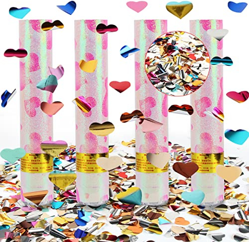 Party Popper Herzen, Hillylolly 4 x Konfetti Kanone, Konfetti Bombe Bunt 28 CM, Konfettikanone Hochzeit Herzen, Glitzer, Effekthöhe 6-8m, für Geburtstag, Party (Farbe)