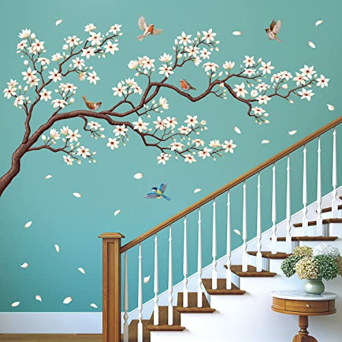 DECOWALL Large White Cherry Blossom Wall Stickers Decals (SG4-2213) | White blossoms, colourful birds and falling petals; peel and stick removable décor for bedroom, living room or hallway