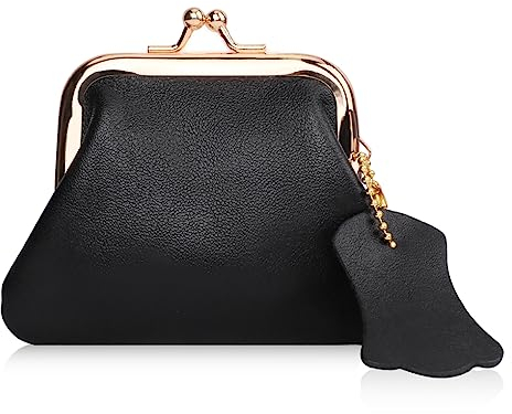Oyachic Echtleder Münzbörsen Leather Coin Purse Klein Geldbörse Clipverschluss Portemonnaie Retro Kartenfächer für Frauen Herren Damen (Schwarz)