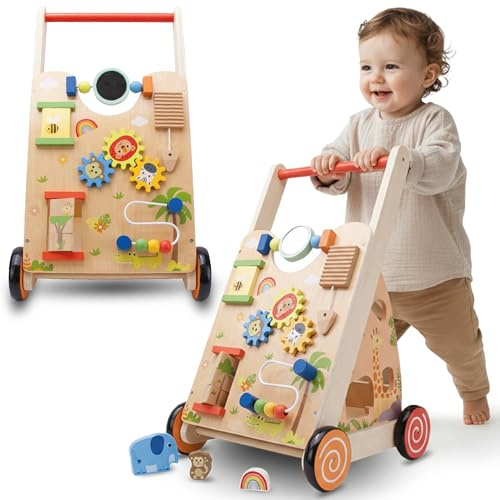 SUN BABY Interaktiver Lauflernwagen 12-36 Monate - Braun | Aktivitätsboard, interaktives Spielzeug und stabile Räder