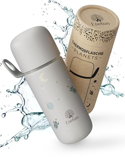 Enelias® Thermoskanne mit Becher [350 ml] - Thermosflasche mit praktischem Verschluss, BPA-frei, kohlensäuregeeignet - Edelstahl Trinkflasche Kinder für Ausflüge, Kindergarten und Schule | Creme