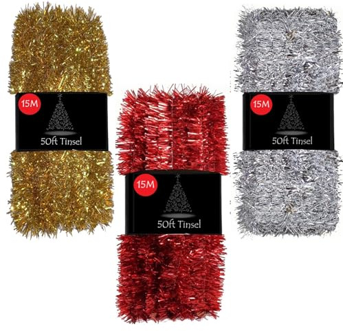 50ft Tinsel Garland For Christmas Tree Decorations Xmas Thick Metallic Sparkly Foil Long Wide Stairs Crafts (Gold)