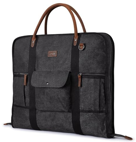 S-ZONE Borsa porta Abiti da Uomo Borsa porta Abiti in Vera Pelle con Finiture in Tela per Viaggi Brevi per Viaggi D'Affari (Nero-1)