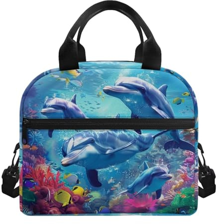 SCRAWLGOD Divertida lonchera con aislamiento de delfín para niñas de 6 a 8 años, lonchera para niños con bolsillo, pequeña lonchera escolar, bolsa térmica para picnic, calentador de alimentos
