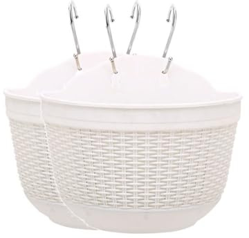 2 macetas colgantes de pared, cesta para plantas de interior y exterior con gancho en S, soporte de flores semicírculo de ratán de imitación para balcón, valla, ventana, enrejado montado (grande,