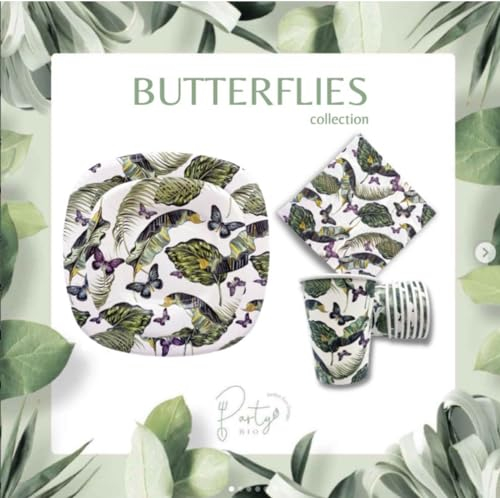 PartyBIO Set Farfalle 110 Pezzi Stoviglie Biodegradabili Monouso per Feste – Piatti Carta, Bicchieri, Tovaglioli Compostabili per 20 Persone – Ecologiche, Usa e Getta, per Compleanni, Eventi, Picnic