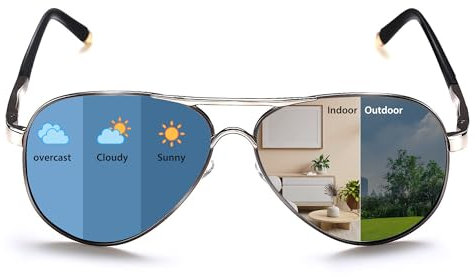 ROCKNIGHT Polarisierte Pilotenbrille für Herren Damen Metall Flat Top Sonnenbrille leicht Fahren UV400 Outdoor 58 mmFlat Top (Black Frame/Yellow Lens), Montatura in Rutenio/Lente Blu Fotocromatica