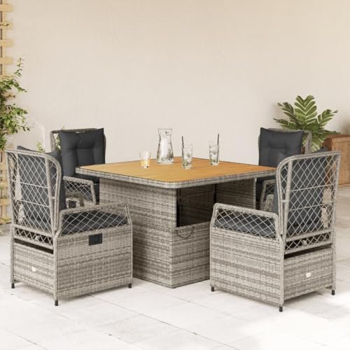 Homgoday 5-TLG. Garten-Essgruppe mit Kissen Gartenmöbel Set Balkonmöbel Sitzgruppe Gartenstuhl mit Tisch,Verstellbar, für 4 Personen, Terrassenmöbel Gartengarnitur Grau Dunkelgrau Poly Rattan