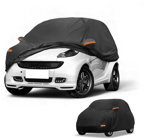 Partuto Waterproof Full Car Cover for Smart Fortwo 2007-2019 with Zipper | All Weather Sun Rain Protection, Full Cover, Left Side Zippers, Black