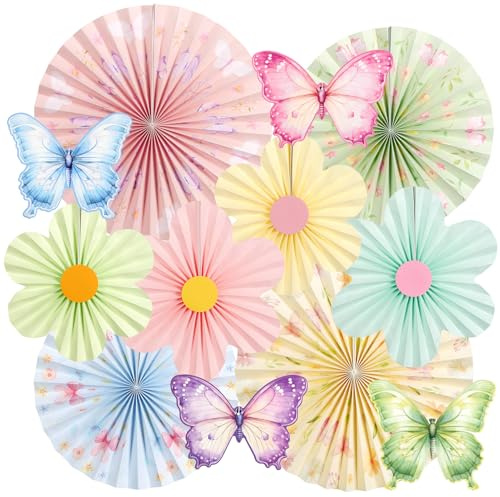 SUNBEAUTY Butterfly Flower Paper Fan Pastel Birthday Party Decoration | Spring Floral Decorations Hanging Flower Decor for Girls Fairy Birthday Decorations Garland Backdrop Tea Party Baby Shower