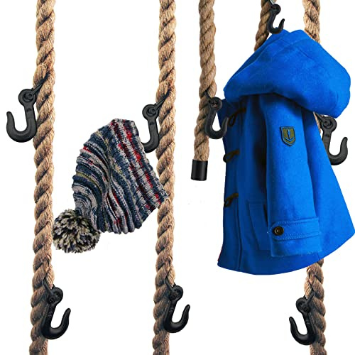 LeTOMA Garderobe aus Jute-Seil mit schwarzen Metall-Haken zum Aufhängen an der Decke, Wand im Industrial-Design | Praktisch, elegant, platzsparend | 1x Tau-Schnur 140 cm lang und 4 Stahl-Haken