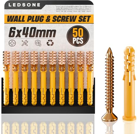 50 Pcs Wall Plugs and Screws Set 6x40mm Masonry Screws Kit, M6 Expansion Anchor Bolts Raw Plug Self Tapping, Heavy Duty for Brick Concrete Drywall Plasterboard Shelves Curtain Rails Mirrors