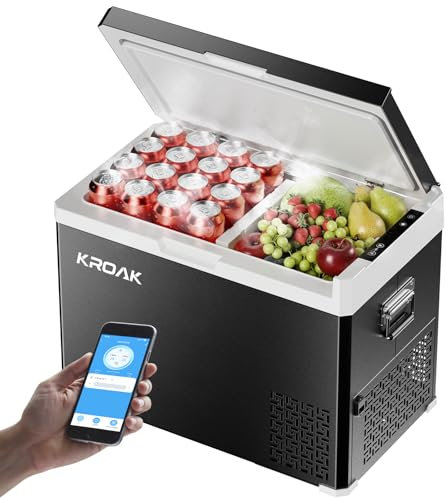 Frigo Portatile Auto 40L con Controllo Bluetooth, Frigoriferi Portatile Elettrico Doppia Zona (-20℃~20℃) 45W per Campeggio/Picnic/Viaggio in Famiglia, Compressore Silenzioso,12/24V DC + 220V AC