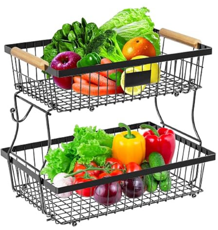 Cesta de frutas para la cocina - Canasta de almacenamiento para frutas y verduras | Obdregal para la cocina, sala de estar, doble envejecimiento, removible, almacenamiento, mango de madera, canasta po
