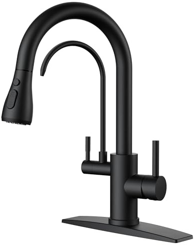 FORIOUS Black Kitchen Faucets with Water Filter, 2 in 1 Stainless Steel Pull Down Sink Faucet and Purified Water Faucet Rustic High Arc Single Handle with Detachable Deck for 1 or 3 Hole