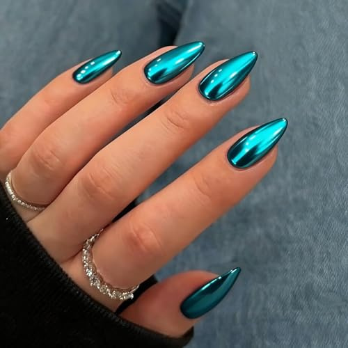 KQueenest Chrome Press On Nails - Metallic Türkis Blau Nägel zum Aufkleben Mittel Mandel, Spiegel Effekt Fake Nails Künstliche Fingernägel, Sparkle Bling Acryl Nägel für Frauen, 24 Stück