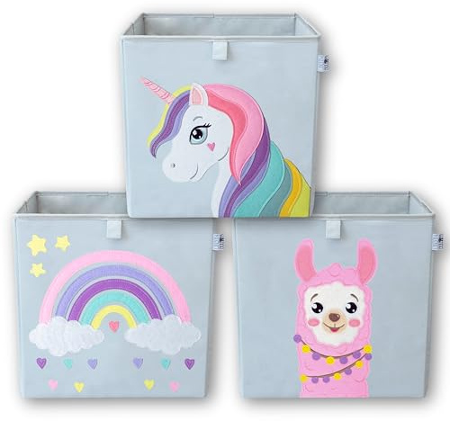 wonneklein Aufbewahrungsbox Kinder - 33x33x33 cm - Faltbare Spielzeugkiste mit Tiermotiv - Ordnungsbox für Kallax Regal - Kinderzimmer Aufbewahrung - 3er Set Alpaka, Einhorn, Regenbogen