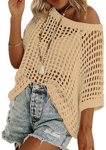 Zeagoo Womens 2026 Summer Scoop Neck Short Sleeve Sweater Casual Crochet Hollow Out Knit Shirts Beach Coverup