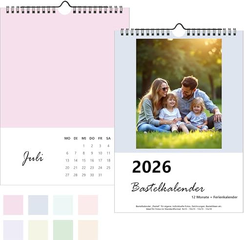 Bastelkalender Pastell 2026 zum selber gestalten für eigene Fotos DIY Foto-Kalender - 12 Patelltöne - Ringbindung - A4 Format