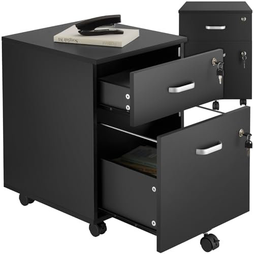 tectake® Rollcontainer mit Schubladen, Aktenschrank abschließbar, Kommode mit Schubladen, Rollwagen, Organizer für Dokumentenablage und Ordner A4 breit, Büroschrank schwarz