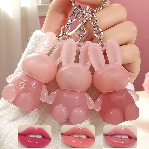 Lot de 3 rouges à lèvres en forme de lapin - Rouge à lèvres liquide mat - Brillant à lèvres mignon - Longue durée - Imperméable - Anti-adhésif - Porte-clés - Pour filles