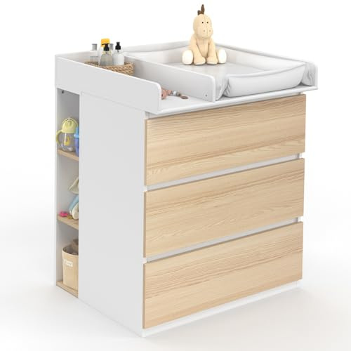 IDMarket - Cómoda Cambiador Evolutiva Ámbar estilo haya y Blanco de 3 cajones con Mesa Cambiador y 2 estantes extraíbles
