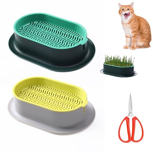 Hinapan 2 Stück Katzengras Schale, Pflanzschale, Hydrokultur Box, Keimtablett für Katzengrasund Katzenminze, erdlose Anzucht (ohne Erde), Inkl. Schere, Selbstwachsendes Gras (1)