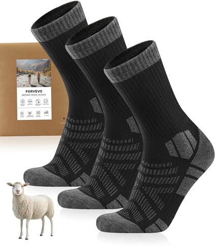FORVEVO Merino Wandersocken Herren Damen 3 Paar, 60% Wollsocken Herren Gepolstert, Thermo Wintersocken, Sportsocken für Trekking Outdoor