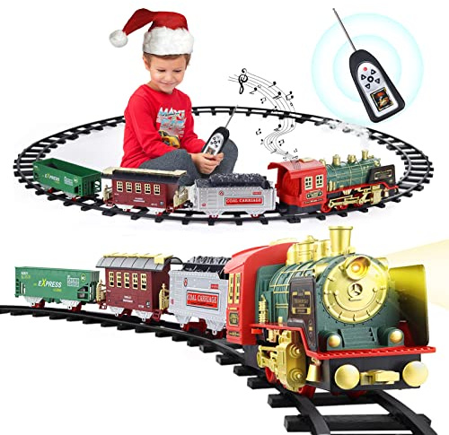 Train Set for Boys Girls, Christmas Electric Remote Control Train Set with Steam, Sound & Light, Remote Control Train Toys w/Steam Locomotive Engine, Cargo Cars for Kids 3 4 5 6 7 8 Year Old