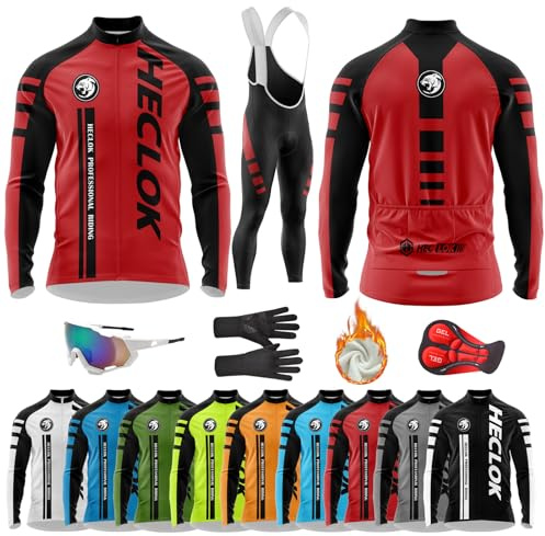 HECLOK Completo Ciclismo Invernale Uomo, Completo Antivento con Maglia in Vello Termico e Salopette Gel 9D per Ciclismo，per Bici Strada e MTB