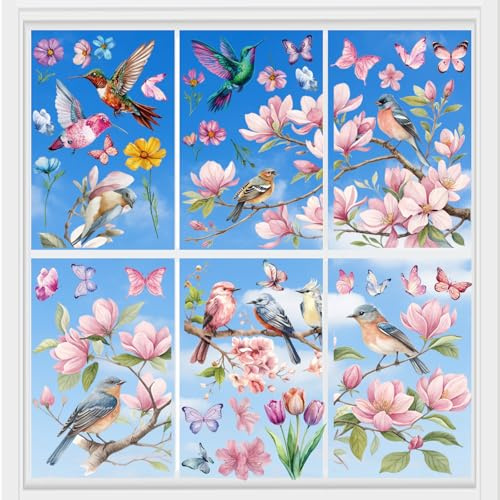 Floral and Bird Window Clings for Glass - 9 Pcs Reusable Spring Summer Window Decals, Removable Window Stickers for Home Decor