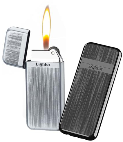 Mini-Metallfeuerzeug, nachfüllbar, ultradünn (nur 8 mm), Feuerstein-Gaszünder für Outdoor & Camping (Brennstoff Nicht enthalten)(Black+Silver)
