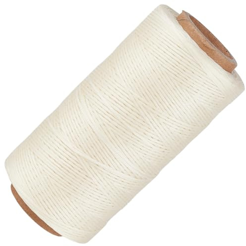 CALFOVERA Fil de Lin Ciré pour Cuir 260M 0.8mm Beige Plat Résistant en Coton avec Sac à Cordon pour la Reliure Le Perlage la Réparation de Chaussures et Les Projets de Bricolage.