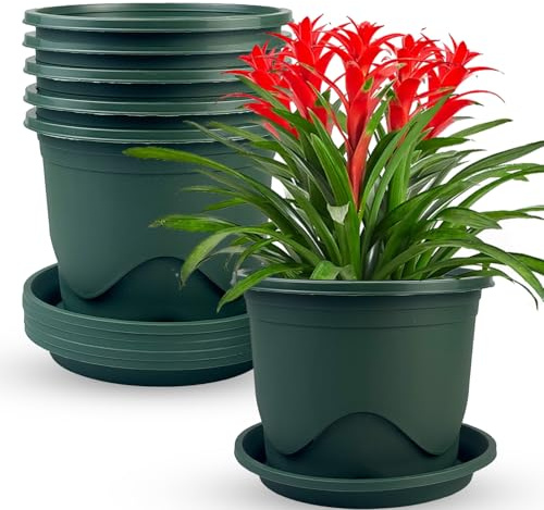 TEYIAN 6 Pack Plastic Plant Pots 16cm/6.3-in Flower Pots with Drainage Holes and Tray Modern Decorative Planter Pot Indoor Outdoor Planters for All House Plants