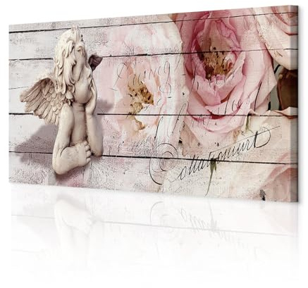 decomonkey Wandbilder Holz Blumen 120x40 cm 1 Teilig Leinwandbilder Engel | Strukturleinwand, Holzkeilrahmen, Bild auf Leinwand, Kunstdruck, Wanddeko, Wohnzimmer, Wanddekoration, Aufschrift, Rose, Rosa