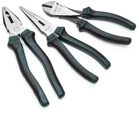 SATA ST70002U Juego de alicates de 3 piezas (8 universal, 8 de punta larga y 7 en diagonal), con mangos verdes y cuerpos duraderos de acero al níquel-cromo