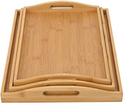 Vencier Bamboo Serving Trays - Set of 3 | Wooden Platters | Raised Edges & Lightweight | Perfect for Breakfast in Bed & Tea | Board with Handles