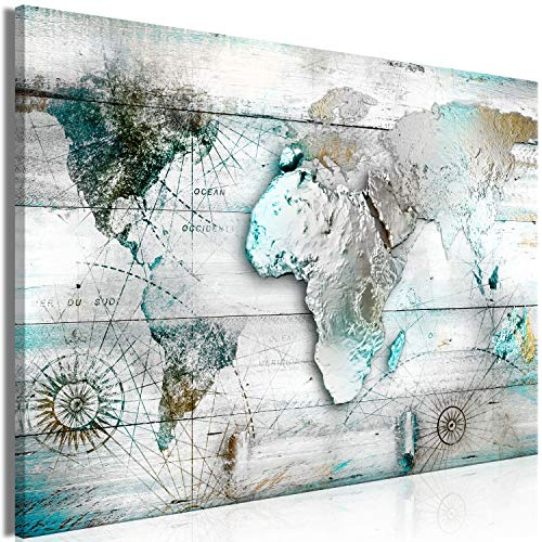 B&D XXL - Wandbilder XXL Weltkarte 120x80 cm 1 tlg - Wand Deko Vlies Leinwand Bilder Groß Wanddeko Wohnzimmer Schlafzimmer Kunstdrucke - Holzoptik Landkarte Kontinente silber blau Map Textur