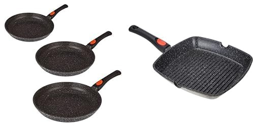 KAMBERG 0008019 Manche Amovible, Revêtement Type Pierre, Poêles 20/24 / 28 cm, Lot de 3 & 0008029 - Poêle Grill 28 x 28 cm - Manche Amovible - Fonte d'Aluminium - Revêtement Type Pierre