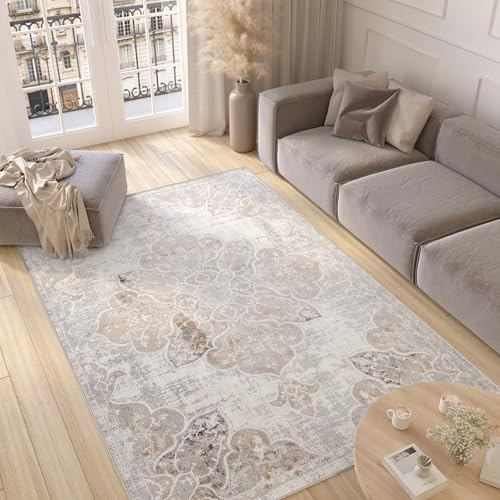 TAPISO Valley Teppich Kurzflor Weiß Grau Vintage Blumen 80 x 150 cm | Used Effekt Meliert Verwischt Wohnzimmer Schlafzimmer OEKO-TEX