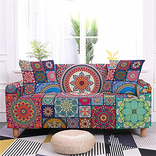 LNXSESN Sofaüberwurf Bunter Boho-Druck Sofabezug Stretch Elasthan Couch überwurf Abnehmbare Waschbar Anti Rutsch Sofahusse Moderne Sofa überzug Langlebig Universal Couchbezug 3 Sitzer