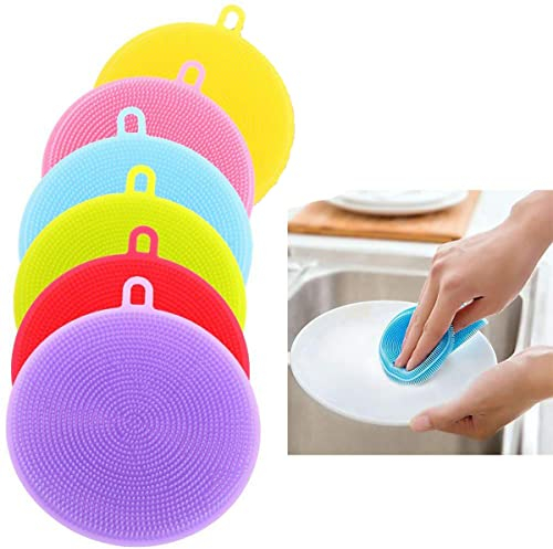 Dish Washing Brushes, 6 Pcs Kitchen Silicone Sponges Scrubber Multi-functional Cleaning Scouring Brushes for Washing Vegetable Fruits Bowl Dish Pot Pan