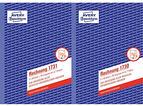 AVERY Zweckform 1731 Rechnung (A5, 3x40 Blatt) weiß/gelb/rosa & 1730 Rechnung (A5, 2x40 Blatt, selbstdurchschreibend mit farbigem Durchschlag, mit Netto- und Bruttobetrag, MwSt. uvm.) weiß/gelb